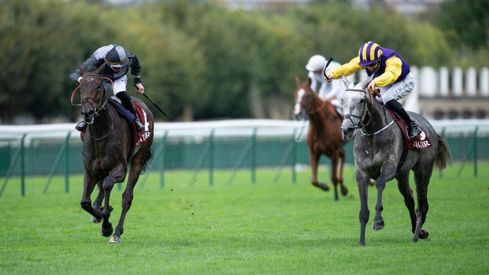 Princess Zoe (right) reels in longtime leader Alkuin to land the Group 1 Prix du Cadran