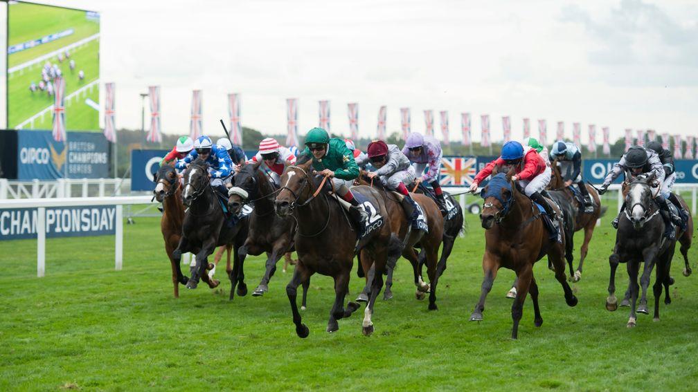 Yuften (green silks, centre): is well on top in the Balmoral Handicap. Morando (stars on sleeves, second from left) finishes seventh