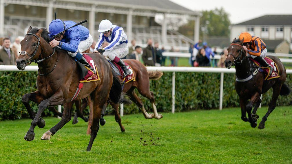 William Buick riding Ancient Wisdom win the Kameko Futurity Trophy Stakes at Doncaster