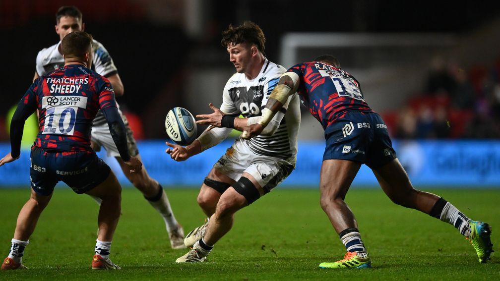 Sale's Tom Curry (centre) in action against Bristol