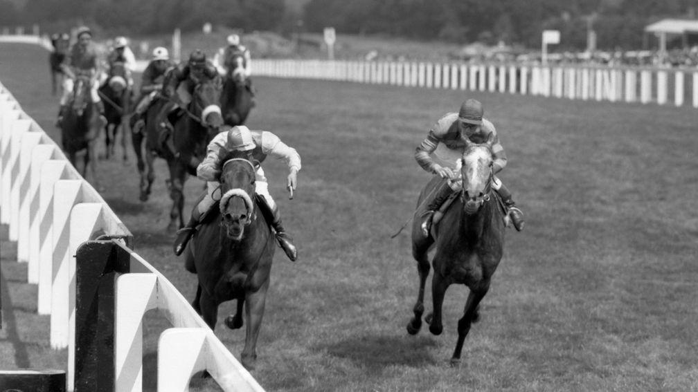 Sir Harold Wernher's Aggressor (with Jimmy Lindley on board) (on the rails) winning the King George VI and the Queen Elizabeth Stakes from the late Prince Aly Khan's Petite Etoile (Lester Piggott on) (right) at Ascot.
