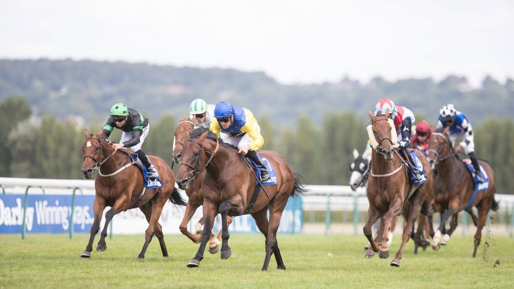 Marmelo (yellow and blue silks) lead home the field in the Darley Prix Kergorlay at Deauville on Sunday