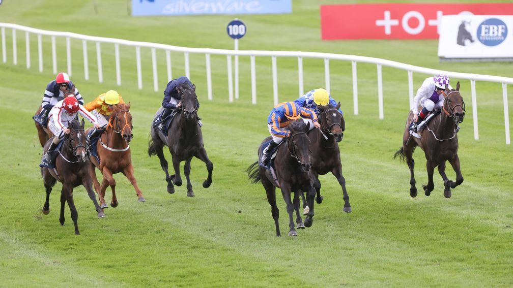 Matilda Picotte (blue, yellow cap); Kieran Cotter-trained filly is a Queen Mary possible at Royal Ascot