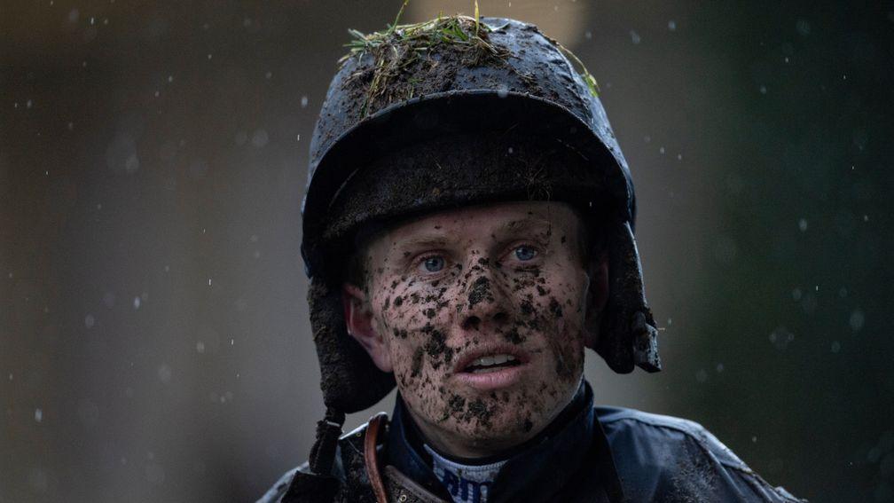 Mud glorious mud: Josh Moore returns after riding Full Back in the maiden hurdle at Ascot