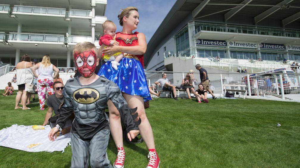 Racegoers dress up on Family Fun Day Superheroes Return dayEpsom 27.8.17 Pic: Edward Whitakerr