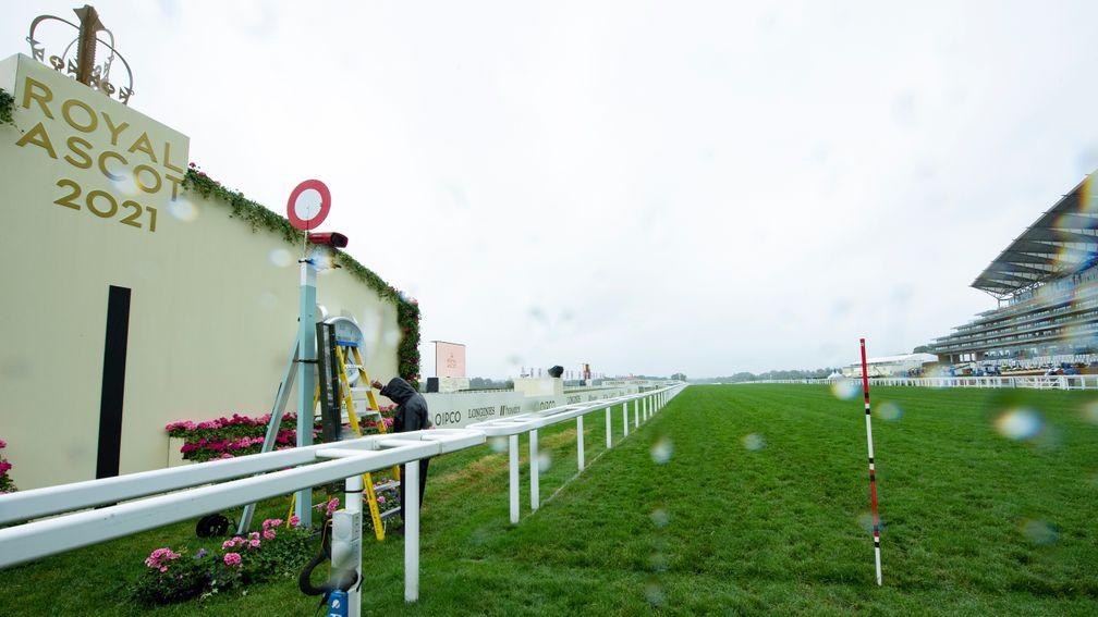 The rain continues to fall as an inspection is called ahead of racingAscot 18.6.21 Pic: Edward Whitaker