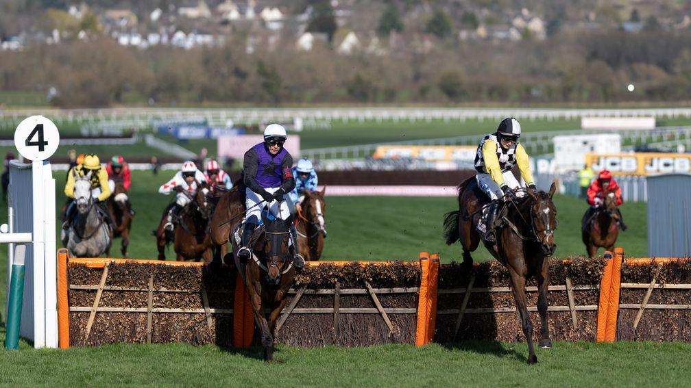 The Nice Guy (Sean O'Keeffe,right) jumps the final flight and beats Minella Cocooner in the Albert Bartlett Novices' HurdleCheltenham 18.3.22 Pic: Edward Whitaker