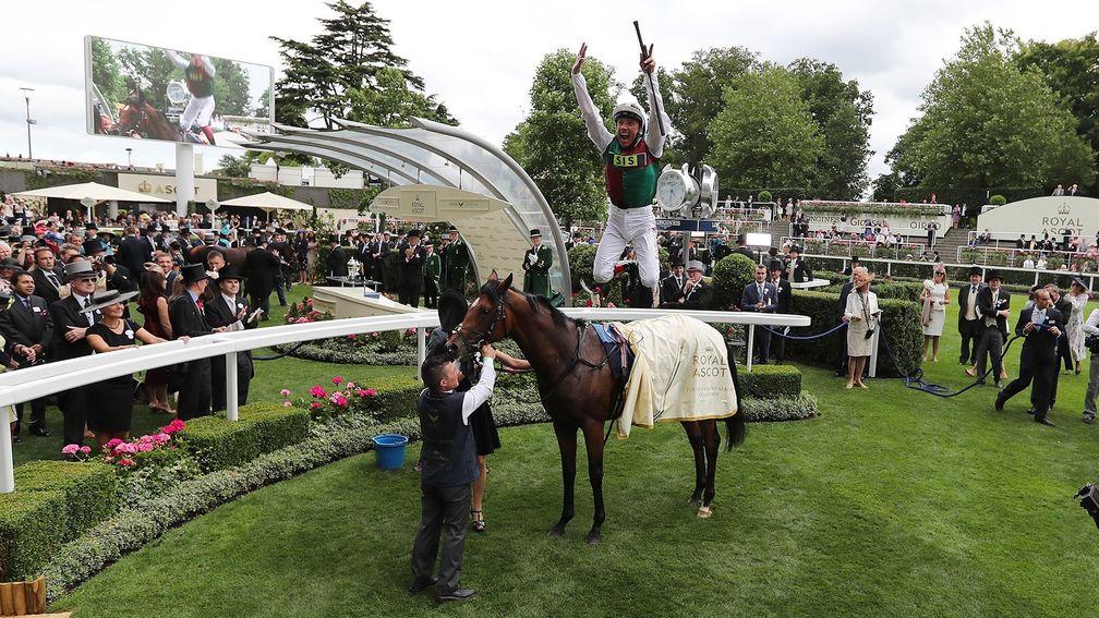 Frankie Dettori performs a flying dismount from Without Parole at Royal Ascot in 2018