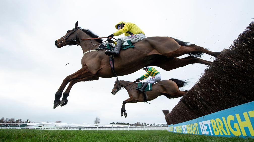 The winner Lostintranslation (Robbie Power) jumps the 2nd last fence ahead of Defi Du Seuil (Barry Geraghty) in the Dipper novices chaseCheltenham 1.1.19 Pic: Edward Whitaker
