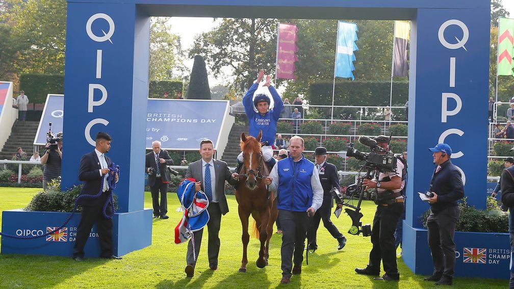Creative Force: William Buick celebrates after winning the British Champions Sprint