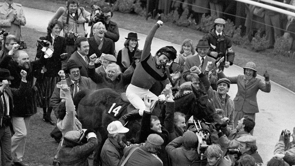 Jockey Jonjo O'Neill punches the air after Dawn Run's 1986 Cheltenham Gold Cup victory