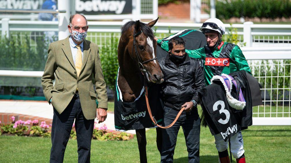 Limato with trainer Henry Candy, jockey Adam Kirby and groom Anil Chavan after winning his final race