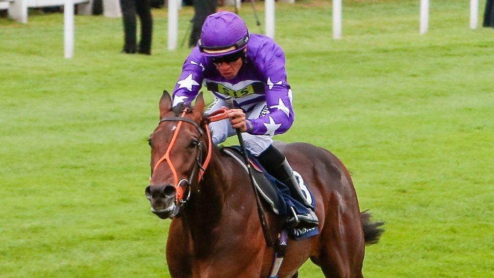 Oh Purple Reign finishing second in the Woodcote Stakes at Epsom