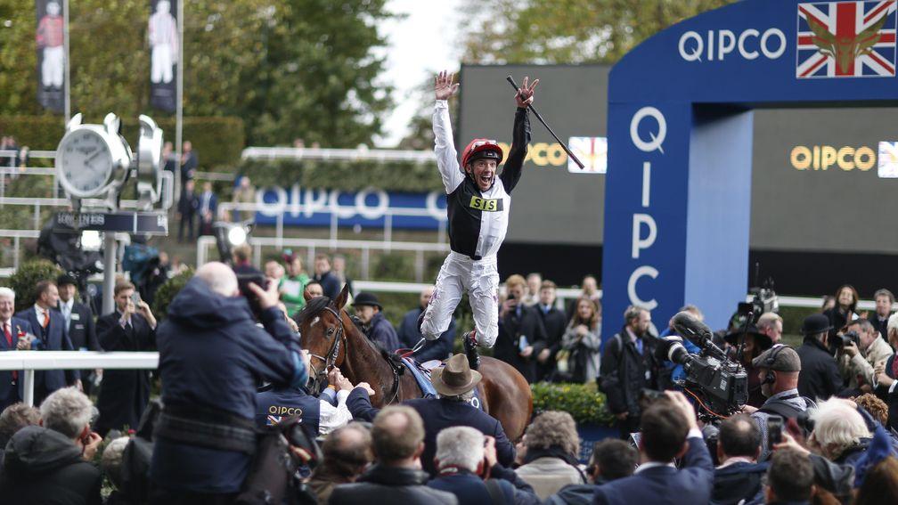 ASCOT, ENGLAND - OCTOBER 21:  Frankie Dettori celebrates after riding Cracksman to win The QIPCO Champion Stakes at Ascot racecourse on QIPCO British Champions Day on October 21, 2017 in Ascot, United Kingdom. (Photo by Alan Crowhurst/Getty Images)