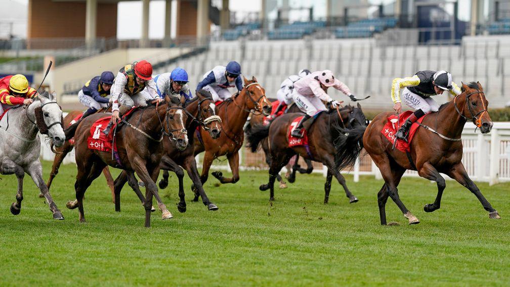 ASCOT, ENGLAND - MAY 08: Adam Kirby riding River Nymph (R) win The tote+ Victoria Cup at Ascot Racecourse on May 08, 2021 in Ascot, England. Only owners are allowed to attend the meeting but the public must wait until further restrictions are lifted. (Pho