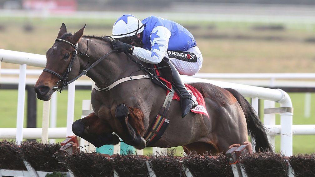 FAIRYHOUSE SUN 4 DECEMBER 2016 PICTURE: CAROLINE NORRIS AIRLIE BEACH RIDDEN BY DANNY MULLINS JUMPING THE LAST TO WIN THE BAR ONE RACING ROYAL BOND NOVICE HURDLE