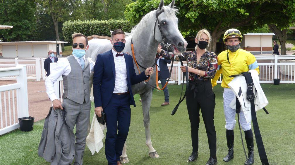 Way To Paris and Pierre-Charles Boudot after winning the Grand Prix de Saint-Cloud, a first Group 1 success for trainer Andrea Marcialis (left)