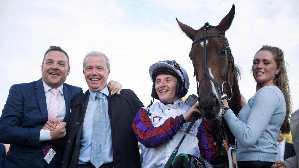 A jubilant John Dance (left) with trainer Karl Burke, retained jockey PJ McDonald and Laurens and her groom Lucy Burke