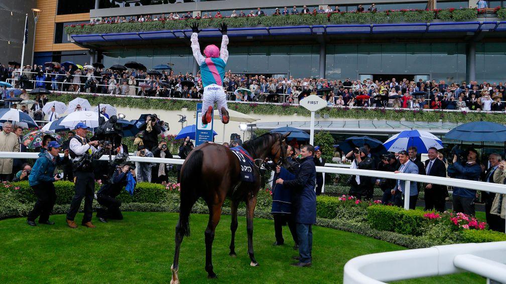 Frankie Dettori jumps off winner EnableThe King George VI And Queen Elizabeth Stakes (Sponsored By Qipco) (Group 1)  Ascot29/7/16.©Cranhamphoto.com