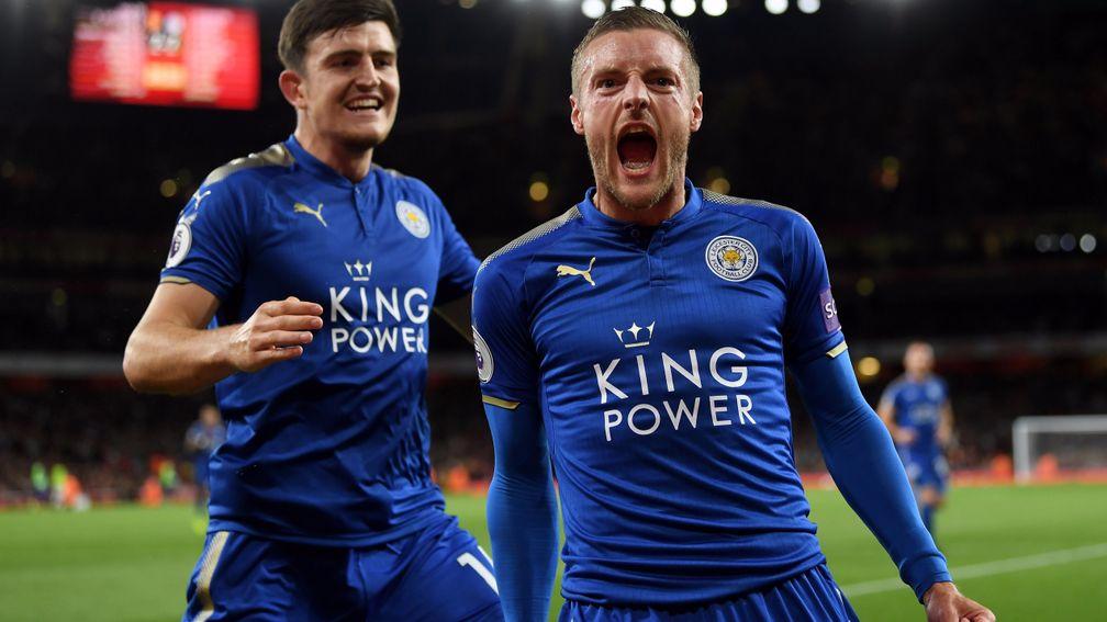 Jamie Vardy celebrates scoring for Leicester at Arsenal