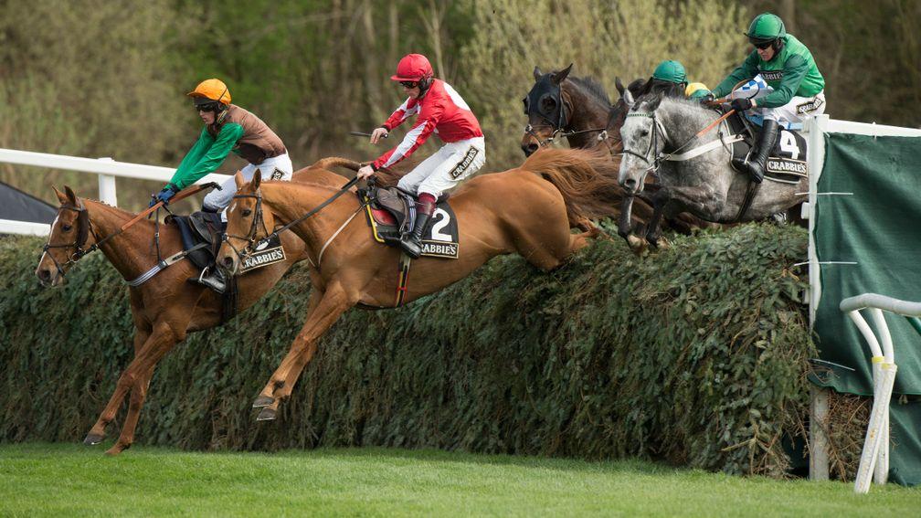 The winner Ma Filleule (Barry Geraghty,4) jumps the Canal Turn in the Topham ChaseAintree 4.4.14 Pic: Edward Whitaker