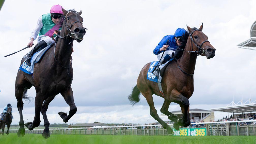 Dance Sequence (William Buick,right) beats Skellet (Ryan Moore) in the Oh So Sharp Stakes at
Newmarket