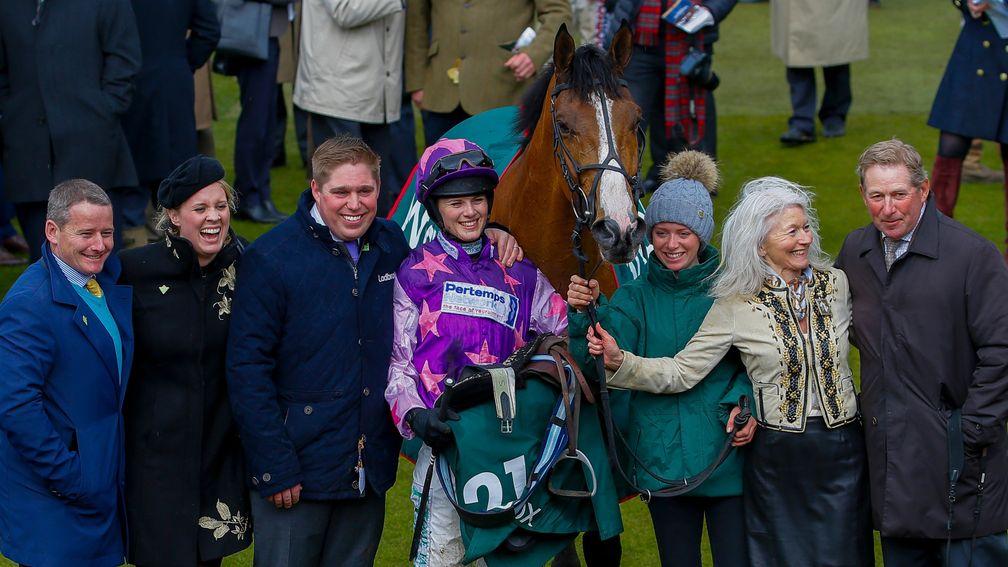 Dan Skelton and Bridget Andrews are among the throng celebrating last term's County Hurdle success with Mohaayed