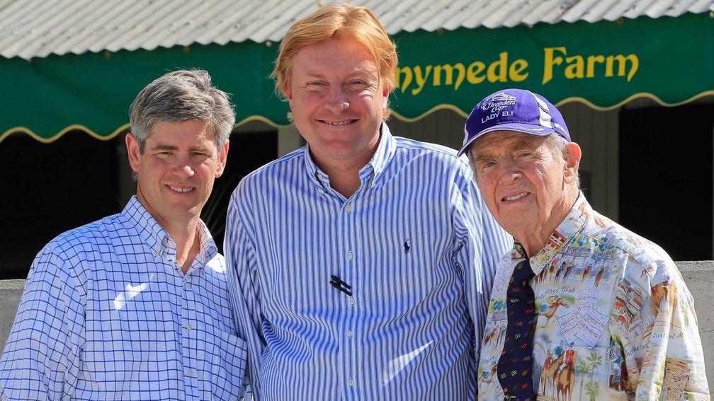 Romain Malhouitre flanked by Brutus Clay (left) and patriarch Catesby Clay at Keeneland