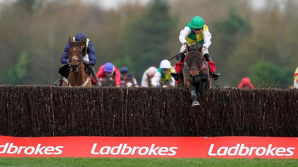 Cloudy Glen takes the final fence on his way to winning the Ladbrokes Trophy at Newbury