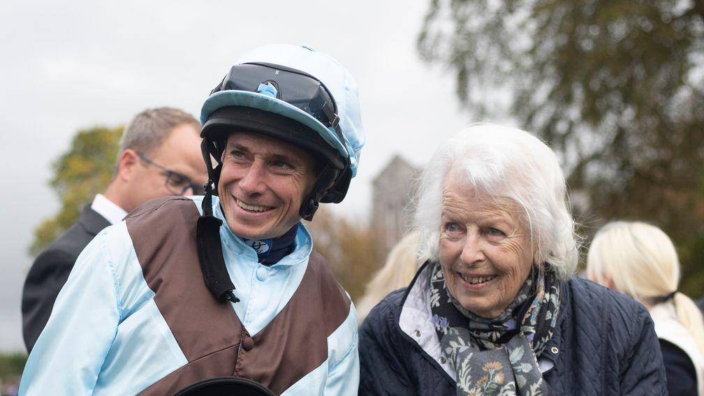 A happy owner Mrs Evie Stockwell with Ryan Moore after Fairylandâs win in the Flying Five Stakes (Group 1)The Curragh.Photo: Patrick McCann/Racing Post 15.09.2019