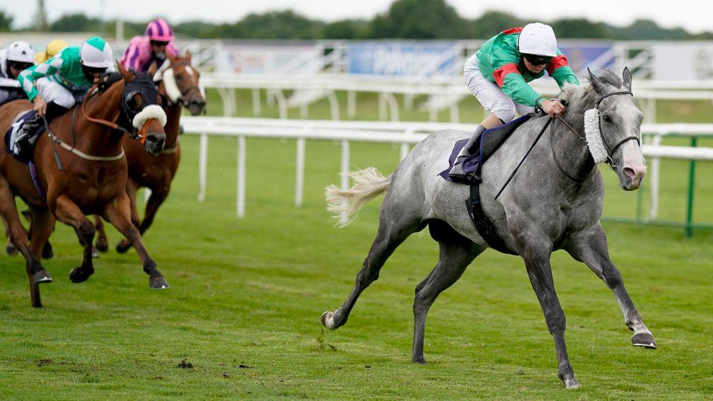 DONCASTER, ENGLAND - JUNE 30: Connor Beasley riding Wentworth Falls (green/white cap) win The attheraces.com Handicap at Doncaster Racecourse on June 30, 2020 in Doncaster, England. Horseracing continues behind closed doors due to the Coronavirus pandemic