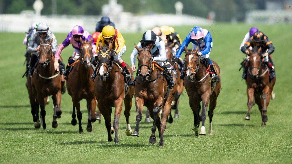 Quick Suzy (Gary Carroll, 3rd from right) beats twilight Gleaming (John Velazquez) in the Queen Mary StakesAscot 16.6.21 Pic: Edward Whitaker/ Racing Post