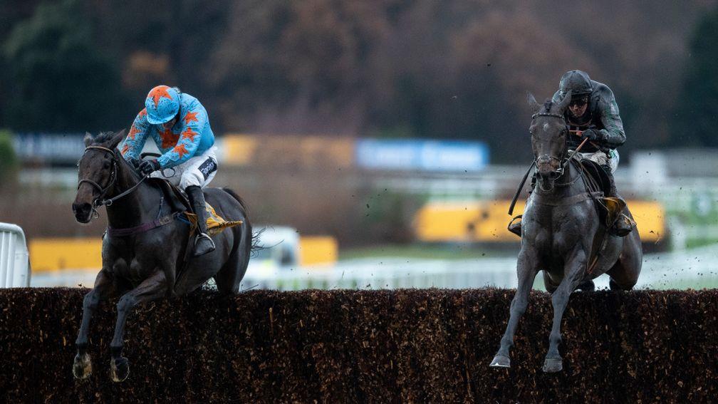 Altior (Nico de Boiinville,right) jumps the last fence and beats Un De Sceaux (Ruby Walsh) in the Tingle Creek Sandown 8.12.18 Pic: Edward Whitaker