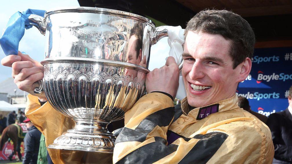 PUNCHESTOWN TUES 28 APRIL 2015  PICTURE: CAROLINE NORRIS   DANNY MULLINS WITH THE TROPHY FOR THE BOYLESPORTS CHAMPION STEEPLECHASE WHICH HE WON ON FELIX YONGER