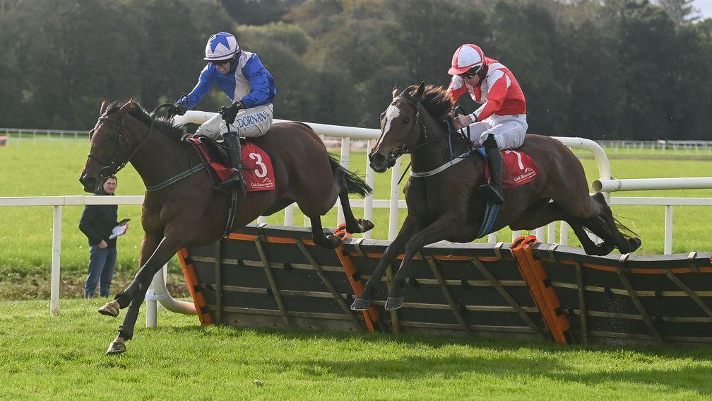 Desert Heather (right) battles it out with Solitary Man before narrowly getting the verdict in the 3m novice hurdle