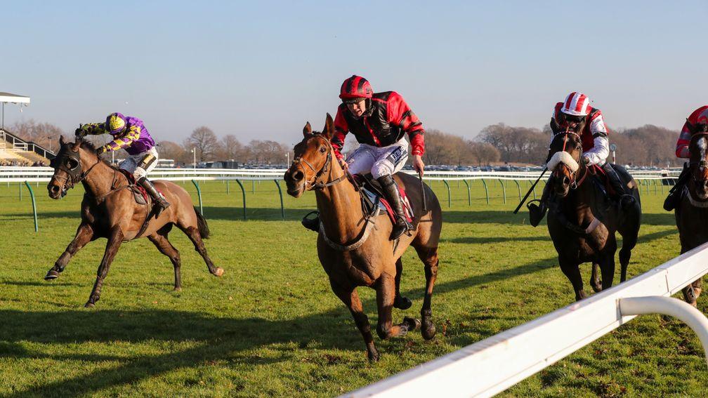 Buster Edwards (left) comes with a late rattle for a big in-running surprise at Haydock