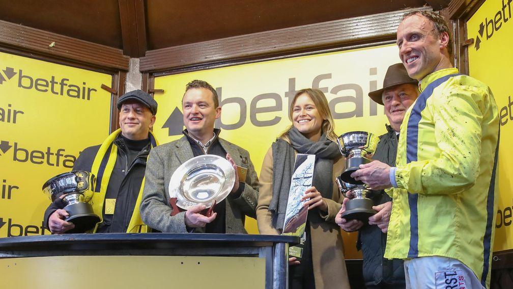 Owners Paul Taylor (second right) and Richard O'Dwyer (far right) after Lostintranslation's Betfair Chase success