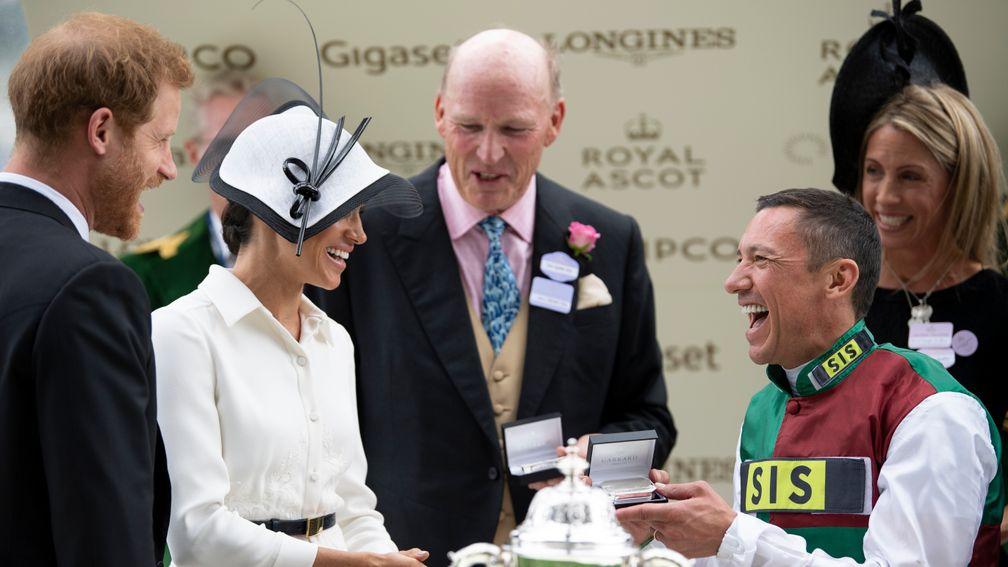 Frankie Dettori celebrates winning the St Jamesâs Palace stakes as The Duke and Duchess of Sussex look onRoyal Ascot 19.6.18 Pic: Edward Whitaker
