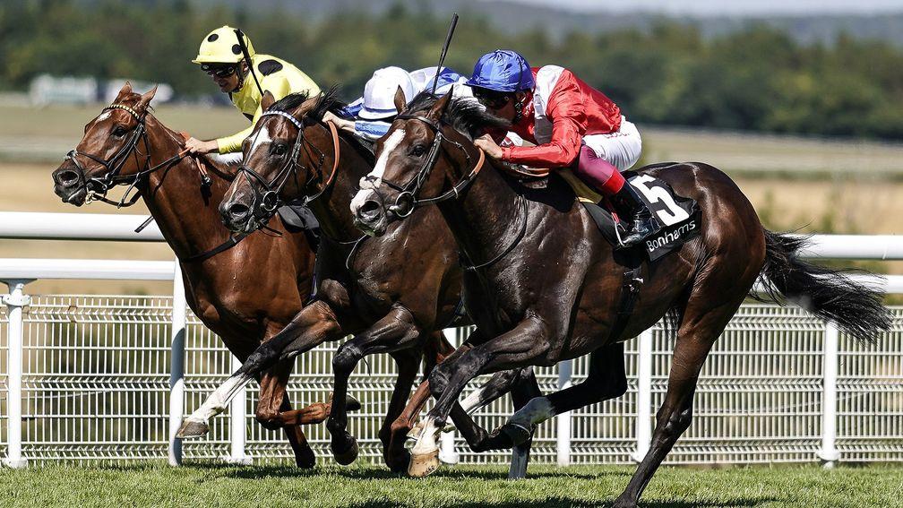 Up close: Frankie Dettori and Regal Reality (nearside) get up to land the Group 3 Bonhams Thoroughbred Stakes