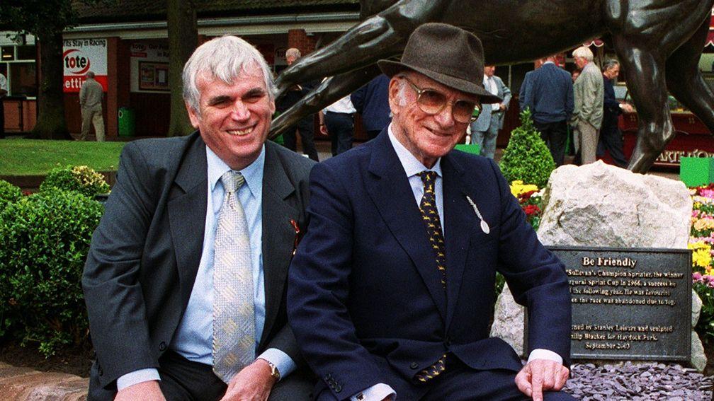 John Whittaker alongside the late great Sir Peter O'Sullevan at the unveiling of the Be Friendly statue at Haydock