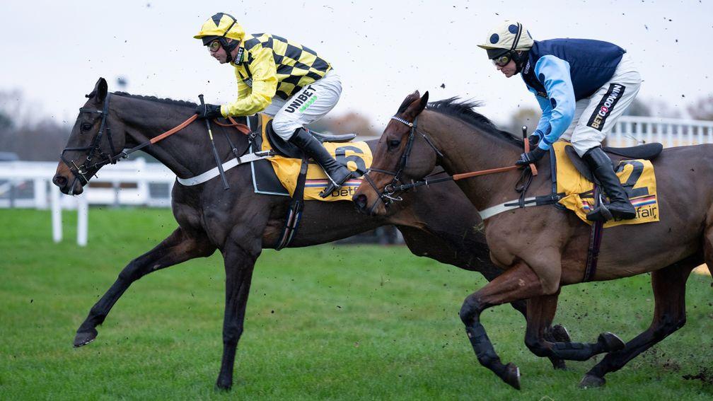 Edwardstone (Tom Cannon,right)runs on from the open ditch with Shishkin in the Tingle Creek ChaseSandown 3.12.22 Pic: Edward Whitaker