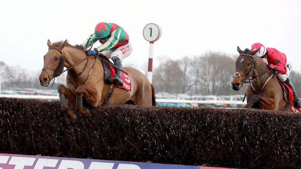 Vieux Lion Rouge (left) beats Blaklion in the Haydock Grand National Trial