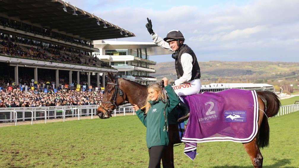 Danny Mullins celebrates after an excellent front-running ride on Flooring Porter to win the Stayers' Hurdle