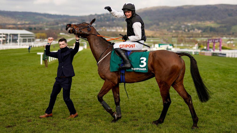 Jonathan Moore (left) joins in the celebrations after Danny Mullins rode Flooring Porter to victory in the Stayers' Hurdle at the 2021 Cheltenham Festival
