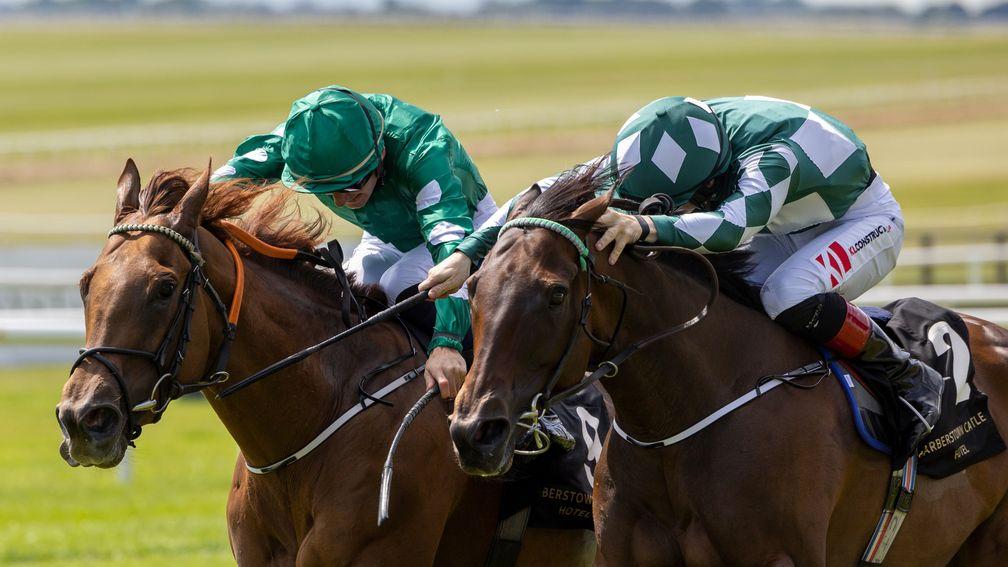 Ladies Church (Ben Coen,left) gets up to beat Mooneista to win the Group 2 Sapphire Stakes.The Curragh Racecourse.Photo: Patrick McCann/Racing Post16.07.2022