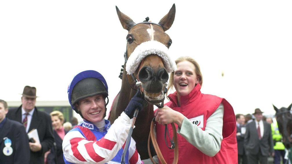 Richard Johnson with Looks Like Trouble after winning the 2000 Gold Cup. 'Cheltenham fences are very well made and very well presented'