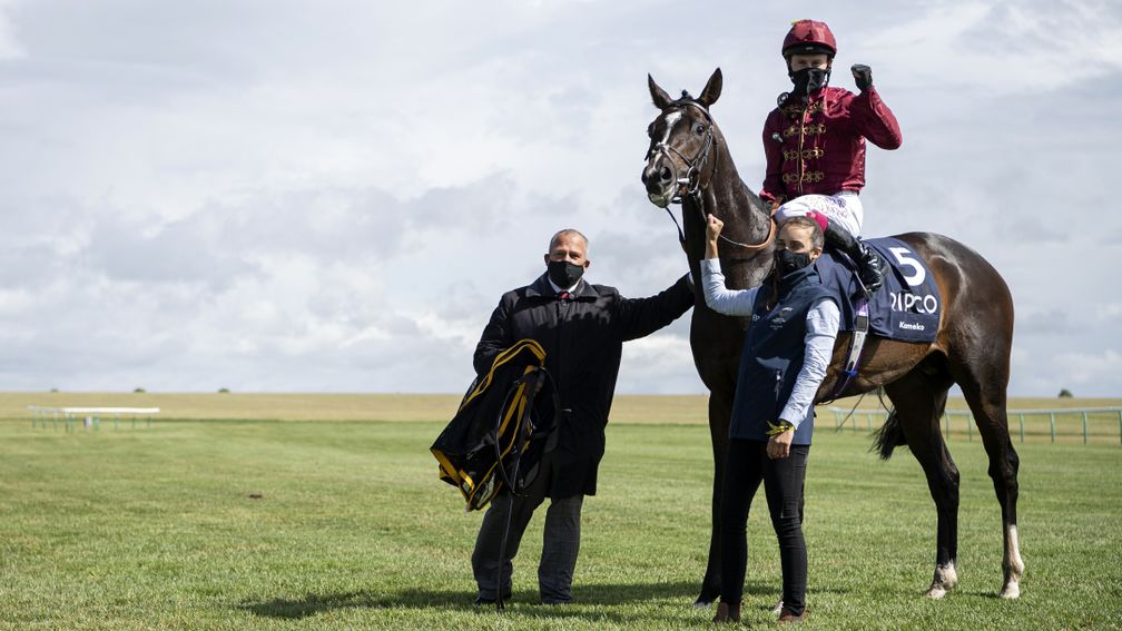 Oisin Murphy celebrates after winning the QIPCO 2,000 Guineas on Qatar Racing's Derby contender Kameko