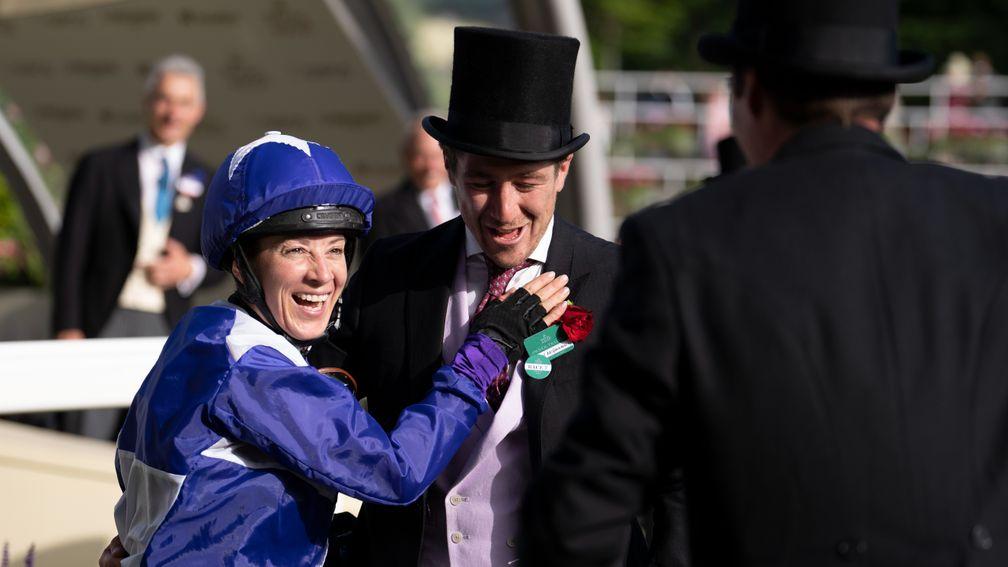 All smiles for Hayley Turner and Harry Eustace after Latin Lover's win in the the  Palace Of Holyroodhouse Stakes