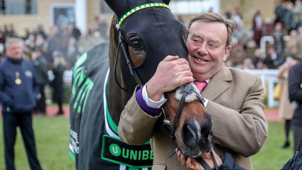 An emotional Nicky Henderson hugs My Tent Or Yours