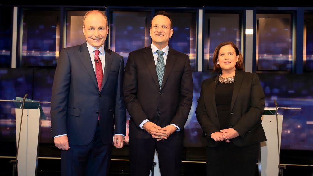 Fianna Fail leader Micheal Martin, Taoiseach Leo Varadkar and Sinn Fein leader Mary Lou McDonald, pictured at this week's Prime Time leaders' debate on RTE, are vying for supremacy in Saturday's General Election